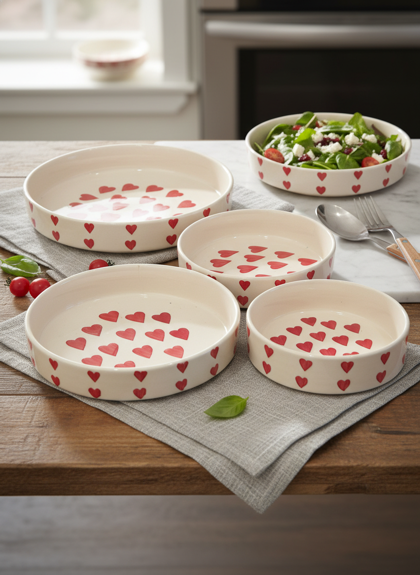Red Heart Ceramic Salad Serving Bowl Set of 3 – Snack & Fruit Bowls for Dining Table