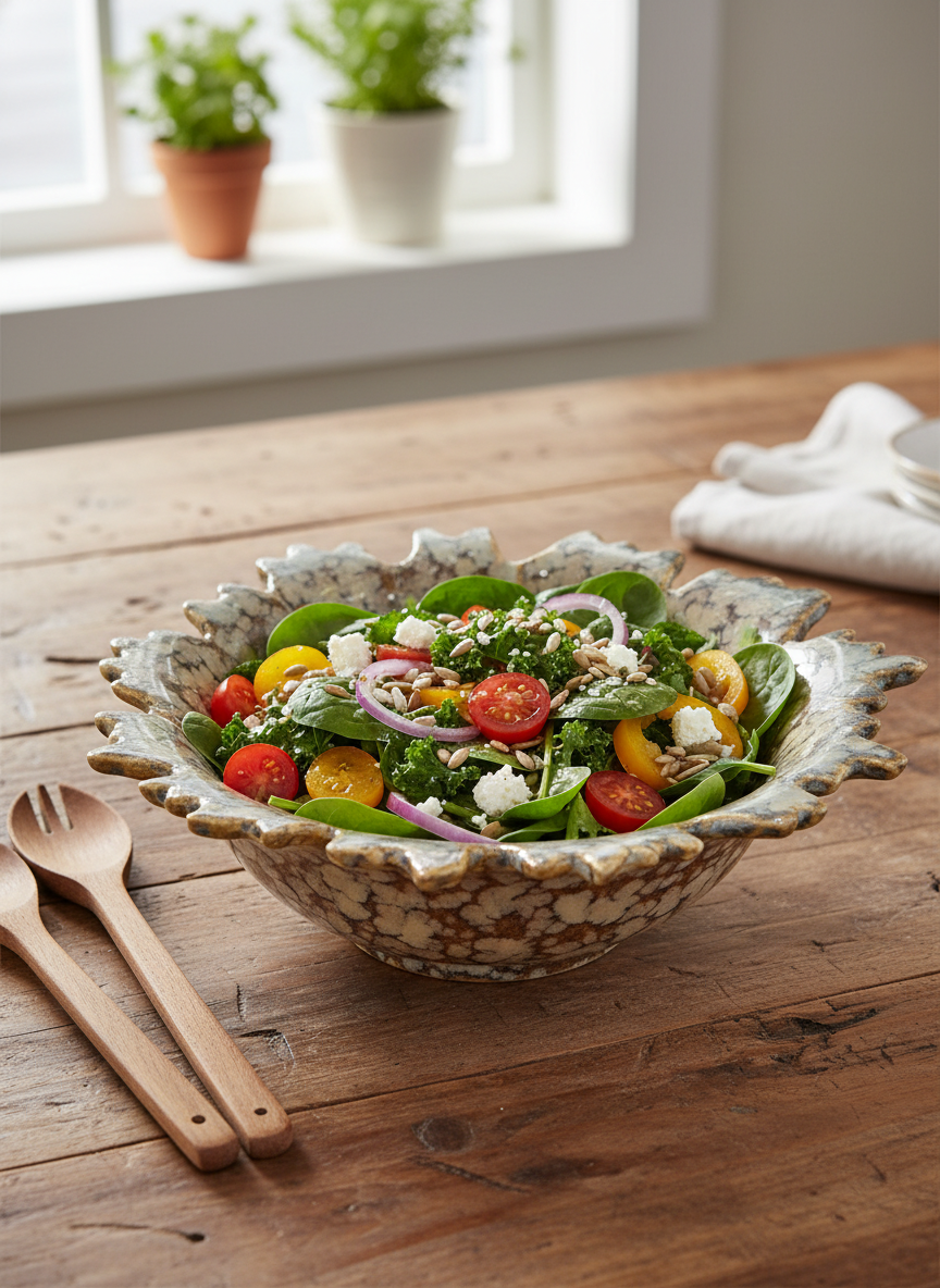 Marbled Earth Ceramic Salad Bowl – Milky White Swirl Finish