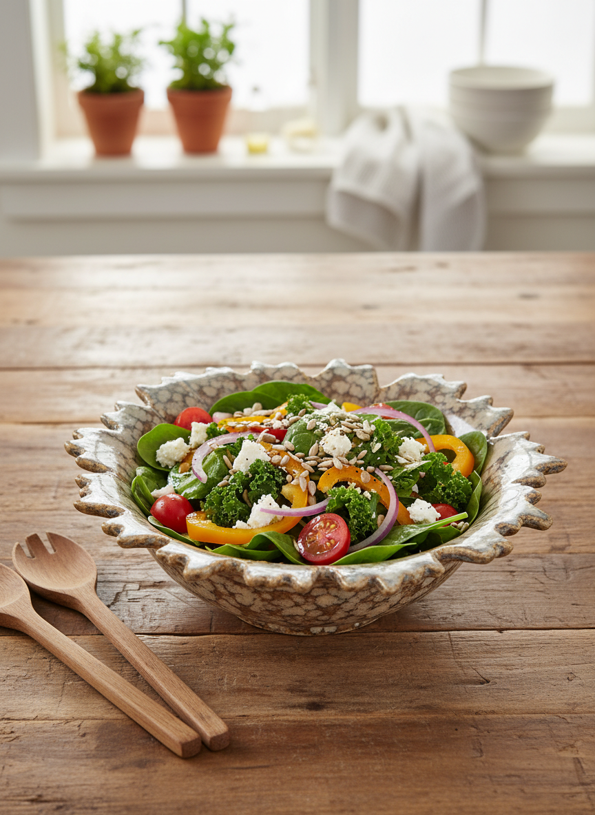 Marbled Earth Ceramic Salad Bowl – Milky White Swirl Finish