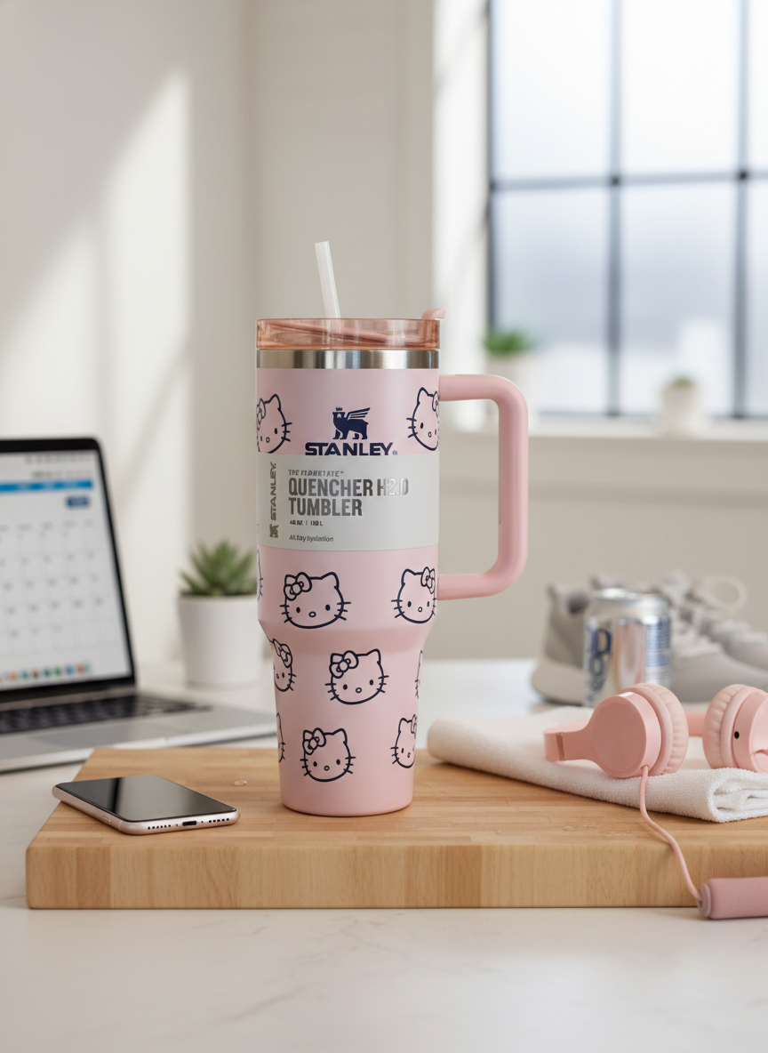 Pink Printed Insulated Handle Tumbler with Straw – Quencher H2.0 Style Stainless Steel Travel Mug