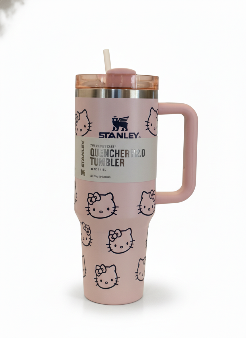 Pink Printed Insulated Handle Tumbler with Straw – Quencher H2.0 Style Stainless Steel Travel Mug