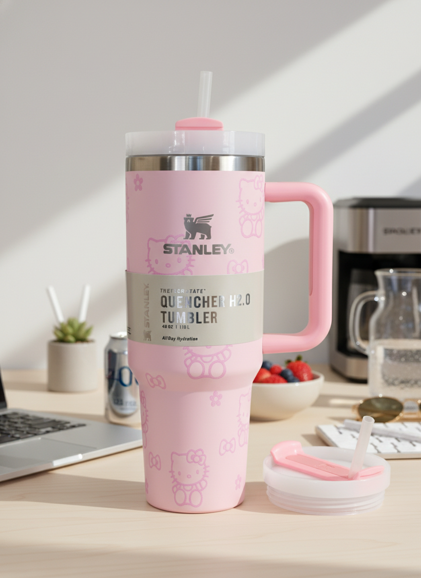 Pink Insulated Handle Tumbler with Straw – Quencher H2.0 Style Stainless Steel Travel Mug