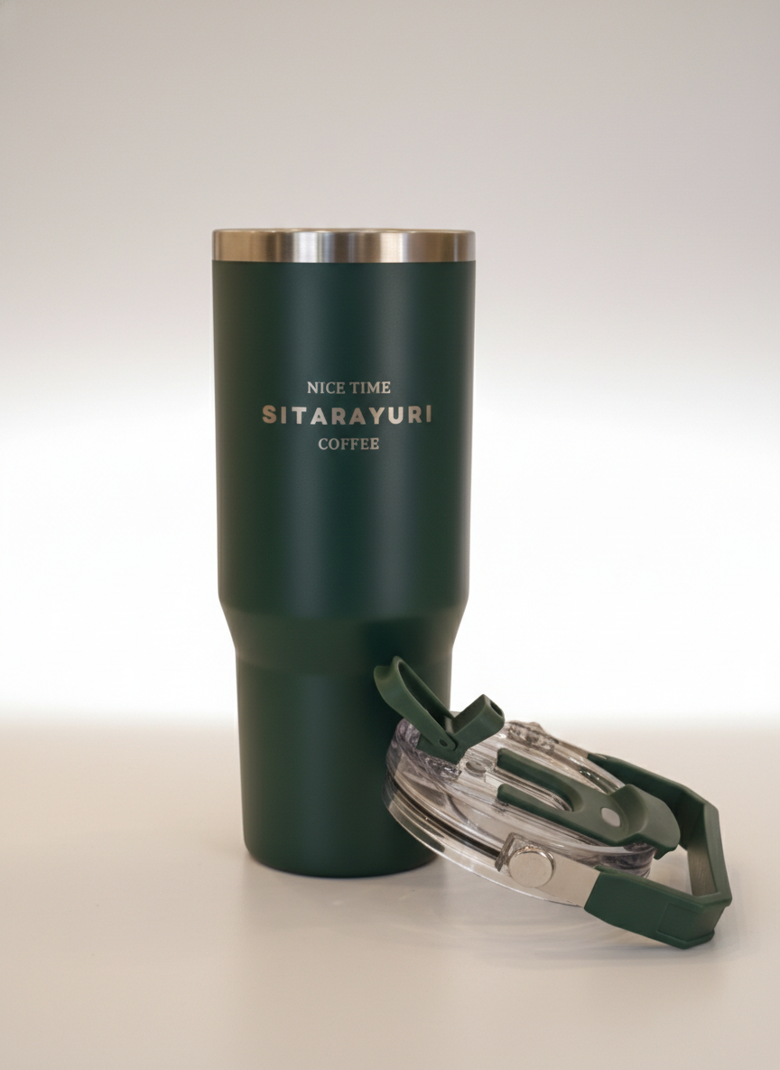 Dark Green Insulated Travel Tumbler with Carry Handle Lid – Stainless Steel Coffee Tumbler