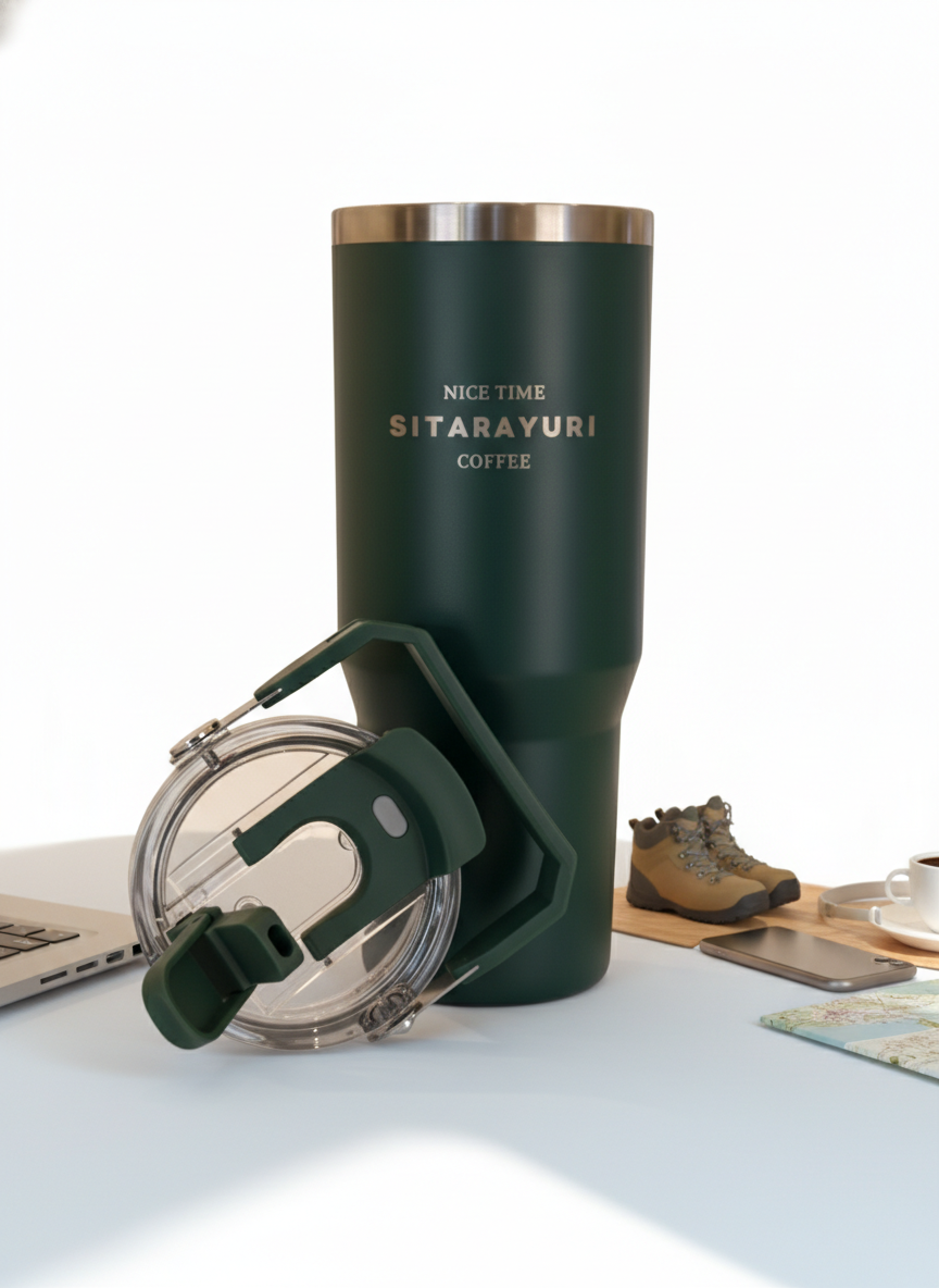 Dark Green Insulated Travel Tumbler with Carry Handle Lid – Stainless Steel Coffee Tumbler