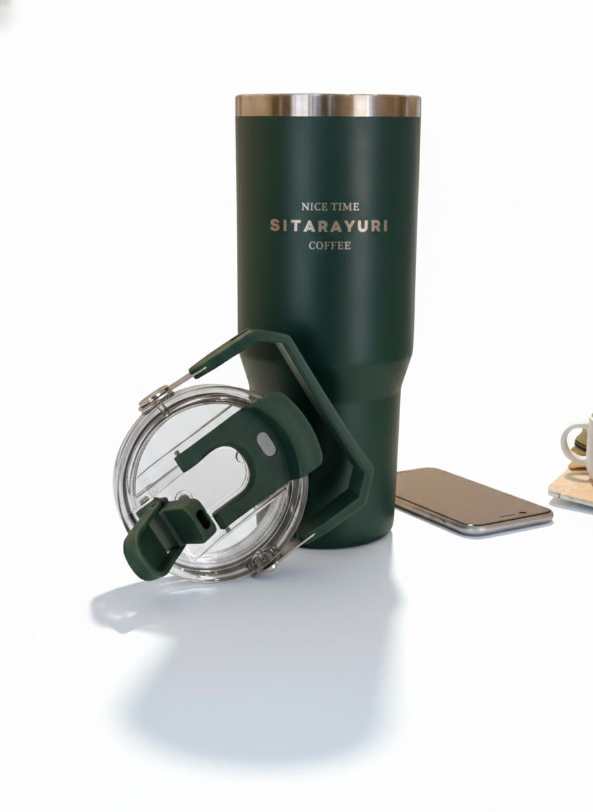Dark Green Insulated Travel Tumbler with Carry Handle Lid – Stainless Steel Coffee Tumbler