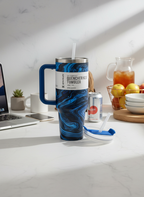 Blue Marble Insulated Travel Tumbler with Handle and Straw – Large Capacity Stainless Steel Quencher Mug