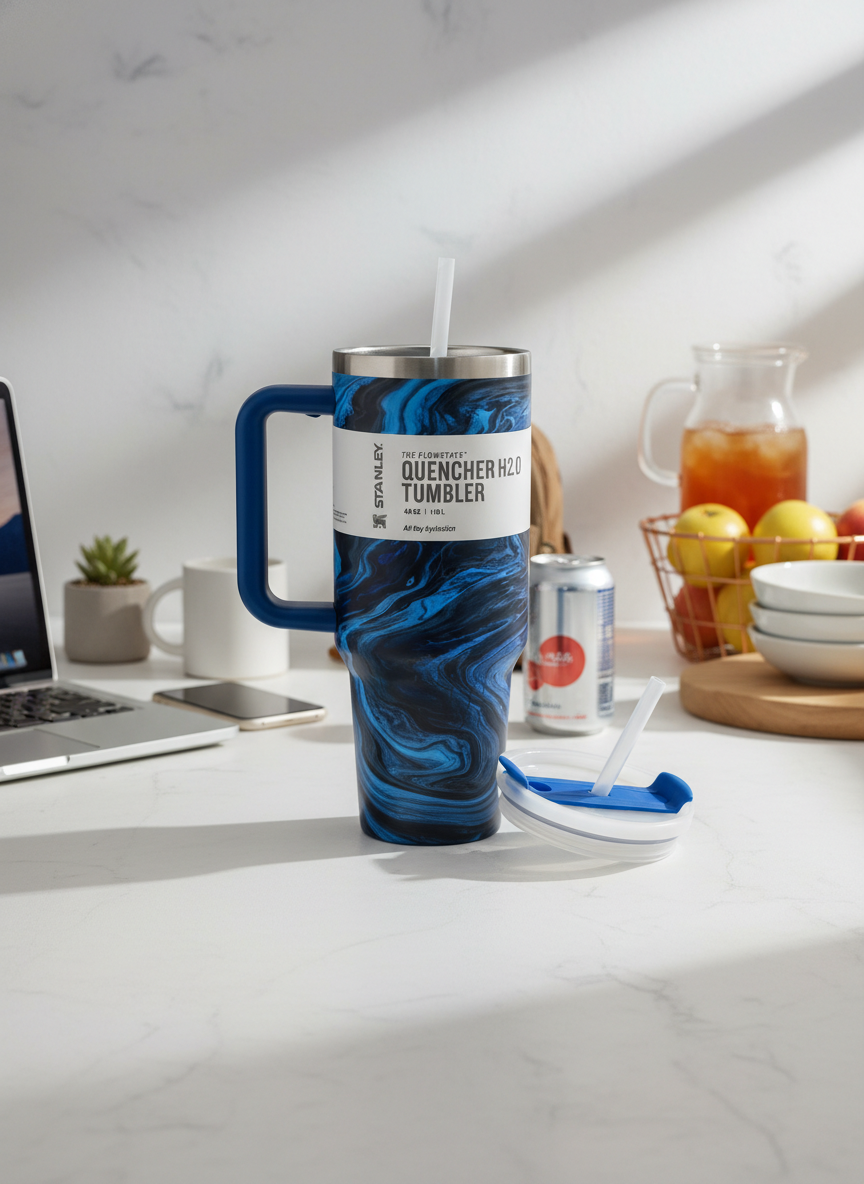 Blue Marble Insulated Travel Tumbler with Handle and Straw – Large Capacity Stainless Steel Quencher Mug