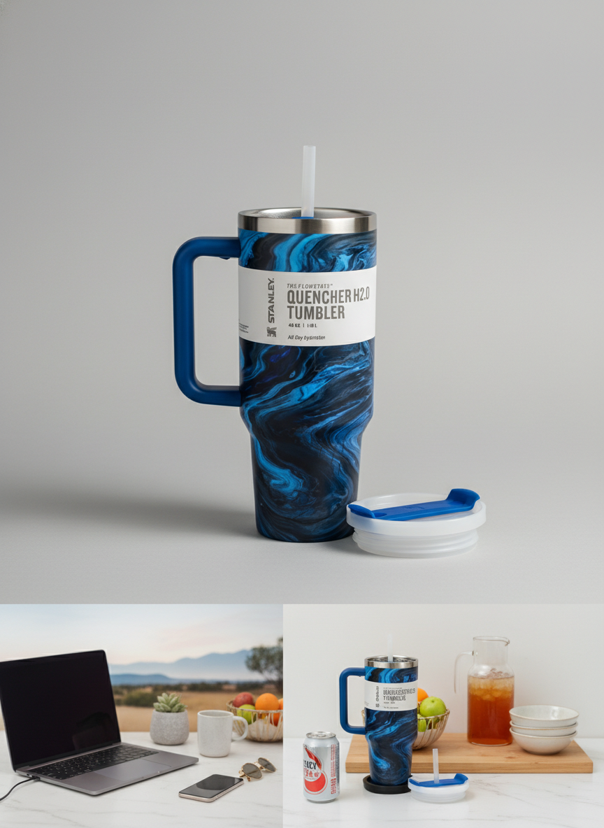 Blue Marble Insulated Travel Tumbler with Handle and Straw – Large Capacity Stainless Steel Quencher Mug