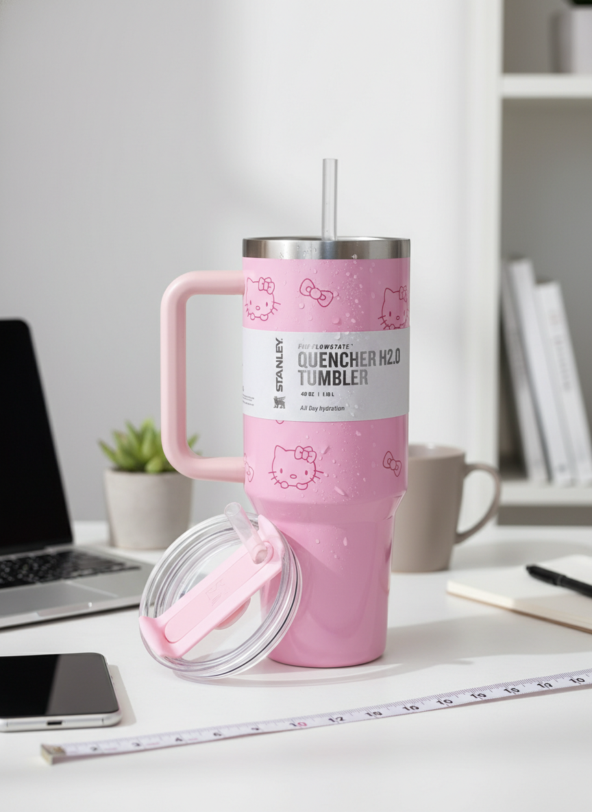 Pink Insulated Travel Tumbler with Handle and Straw – Large Capacity Stainless Steel Quencher Mug