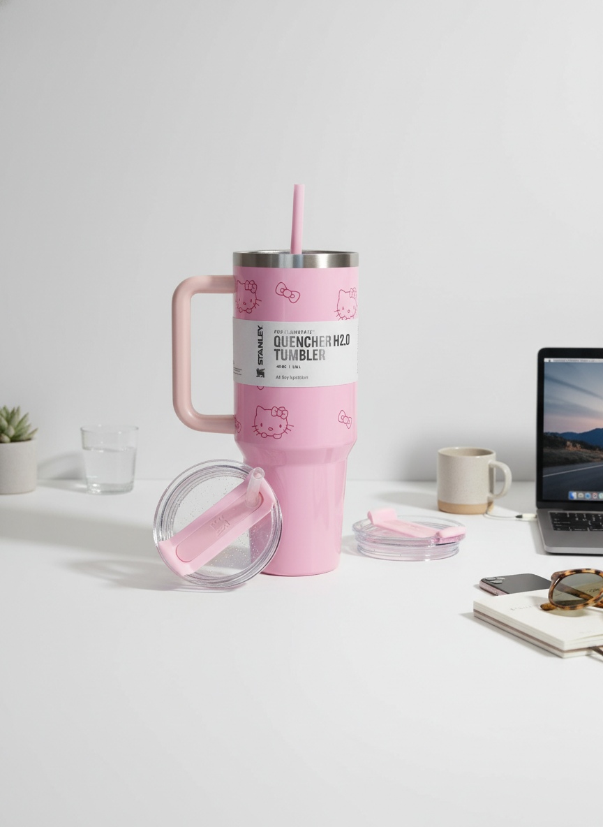 Pink Insulated Travel Tumbler with Handle and Straw – Large Capacity Stainless Steel Quencher Mug