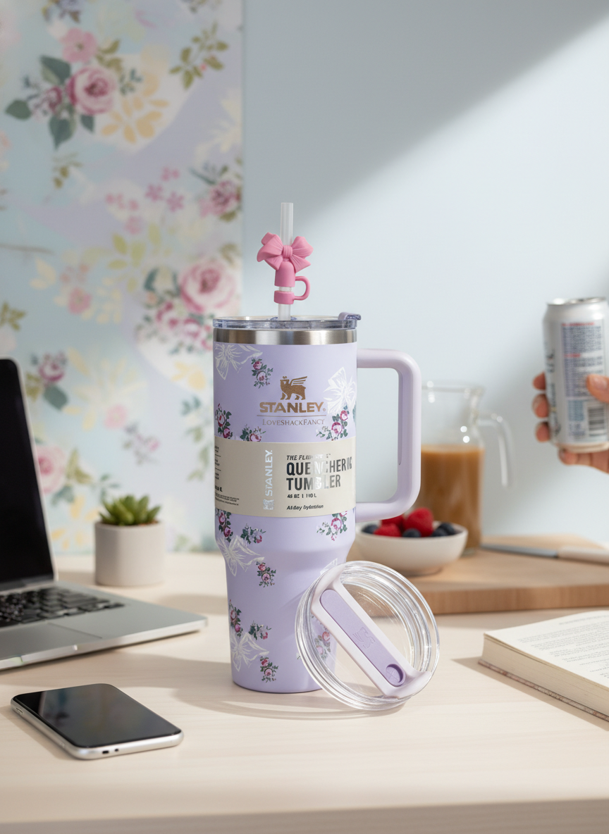 Purple Floral Insulated Travel Tumbler with Handle and Straw – Large Capacity Stainless Steel Quencher Mug