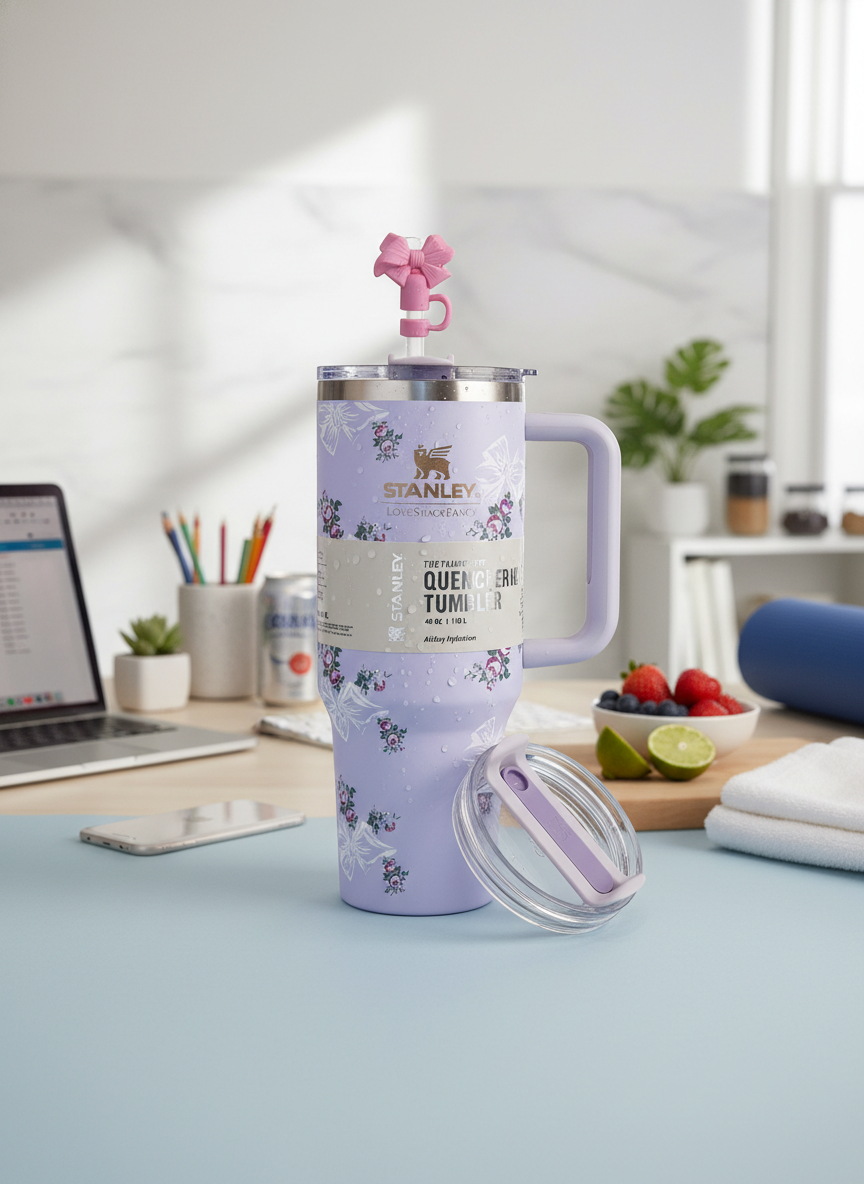 Purple Floral Insulated Travel Tumbler with Handle and Straw – Large Capacity Stainless Steel Quencher Mug