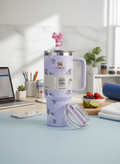Purple Floral Insulated Travel Tumbler with Handle and Straw – Large Capacity Stainless Steel Quencher Mug