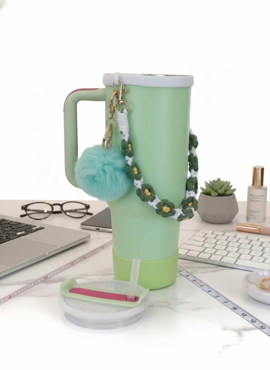 Green Large Capacity Insulated Travel Tumbler with Handle, Straw, and Decorative Charm – Stainless Steel Drinkware