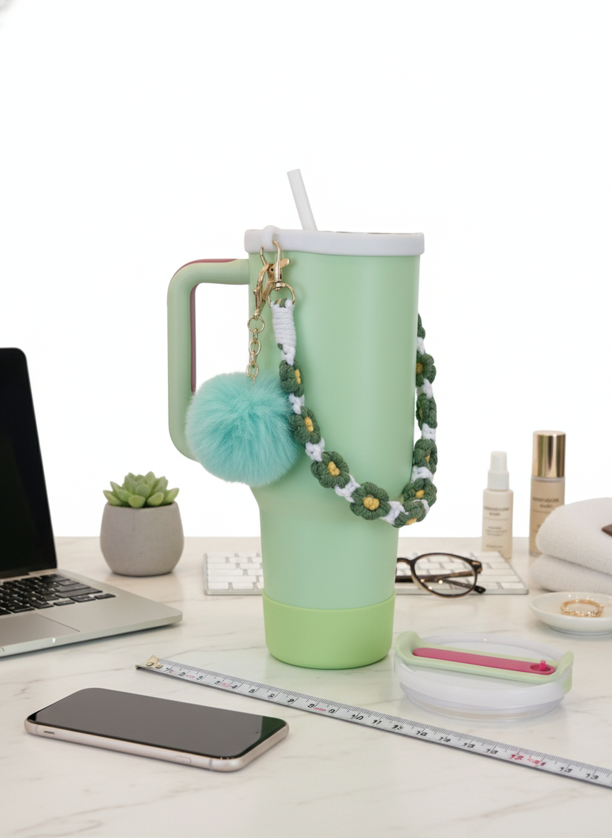 Green Large Capacity Insulated Travel Tumbler with Handle, Straw, and Decorative Charm – Stainless Steel Drinkware