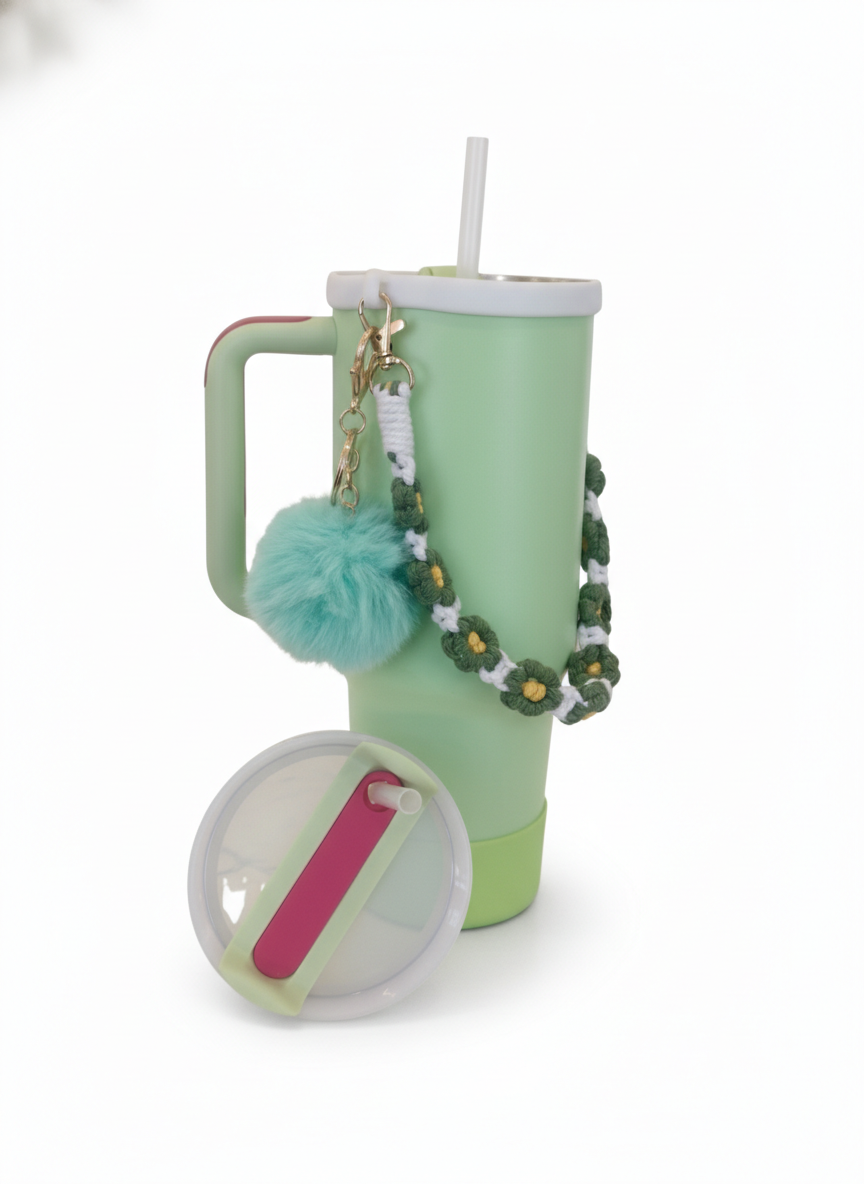 Green Large Capacity Insulated Travel Tumbler with Handle, Straw, and Decorative Charm – Stainless Steel Drinkware