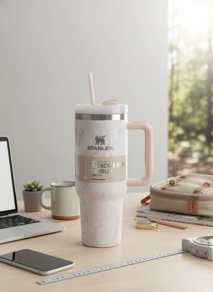 Off White Large Capacity Insulated Travel Tumbler with Handle and Straw – Stainless Steel Quencher Mug