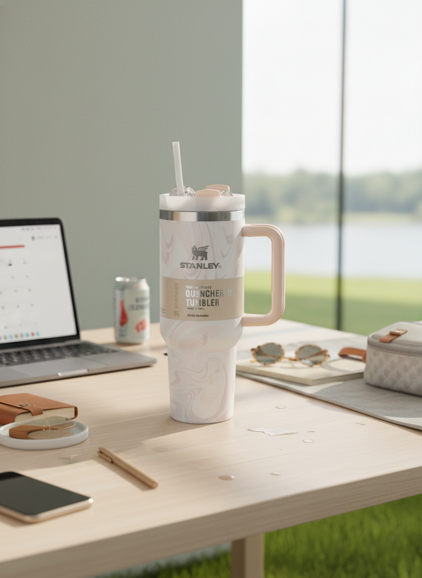 Off White Large Capacity Insulated Travel Tumbler with Handle and Straw – Stainless Steel Quencher Mug