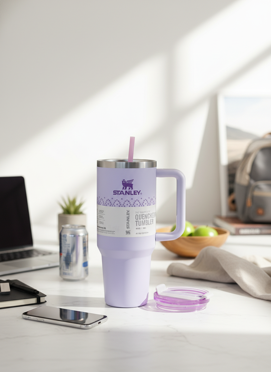 Purple Insulated Stainless Steel Travel Tumbler with Handle and Straw – Large Capacity Quencher Mug