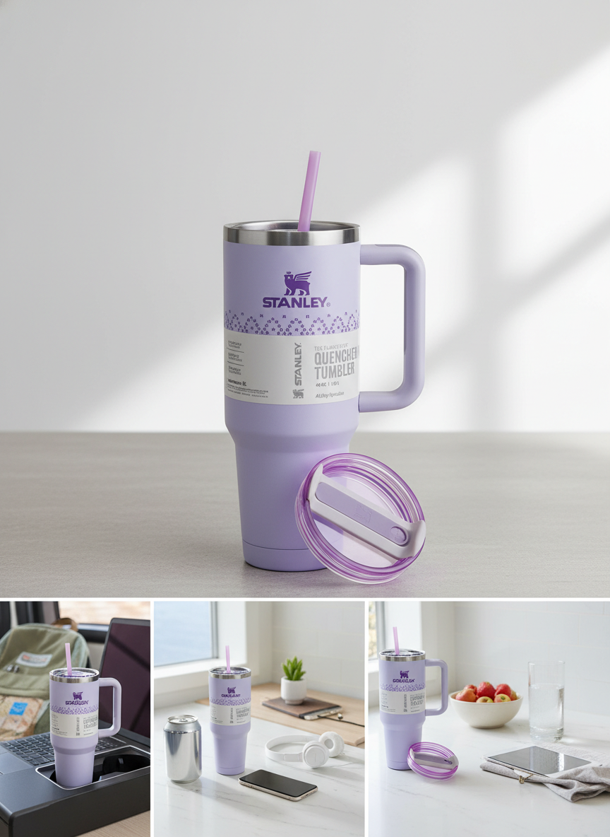 Purple Insulated Stainless Steel Travel Tumbler with Handle and Straw – Large Capacity Quencher Mug