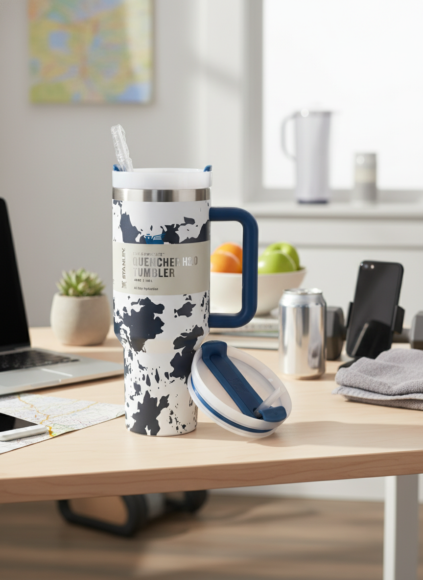 Blue Large Capacity Insulated Travel Tumbler with Handle and Straw – Stainless Steel Drinkware