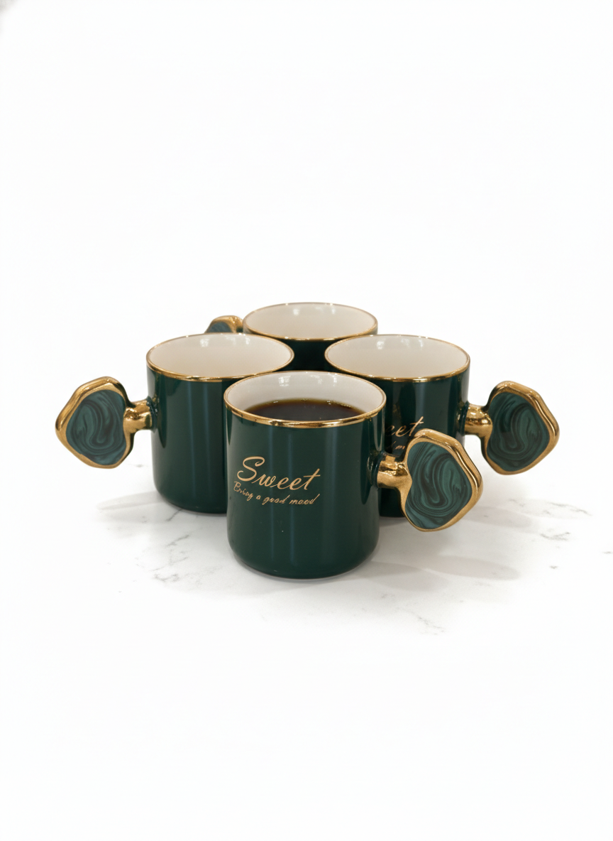 Emerald Green Ceramic Coffee Cups Set with Gold Rim and Designer Handles