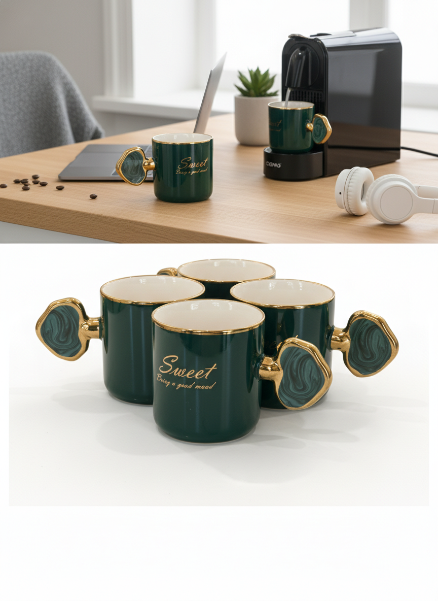 Emerald Green Ceramic Coffee Cups Set with Gold Rim and Designer Handles