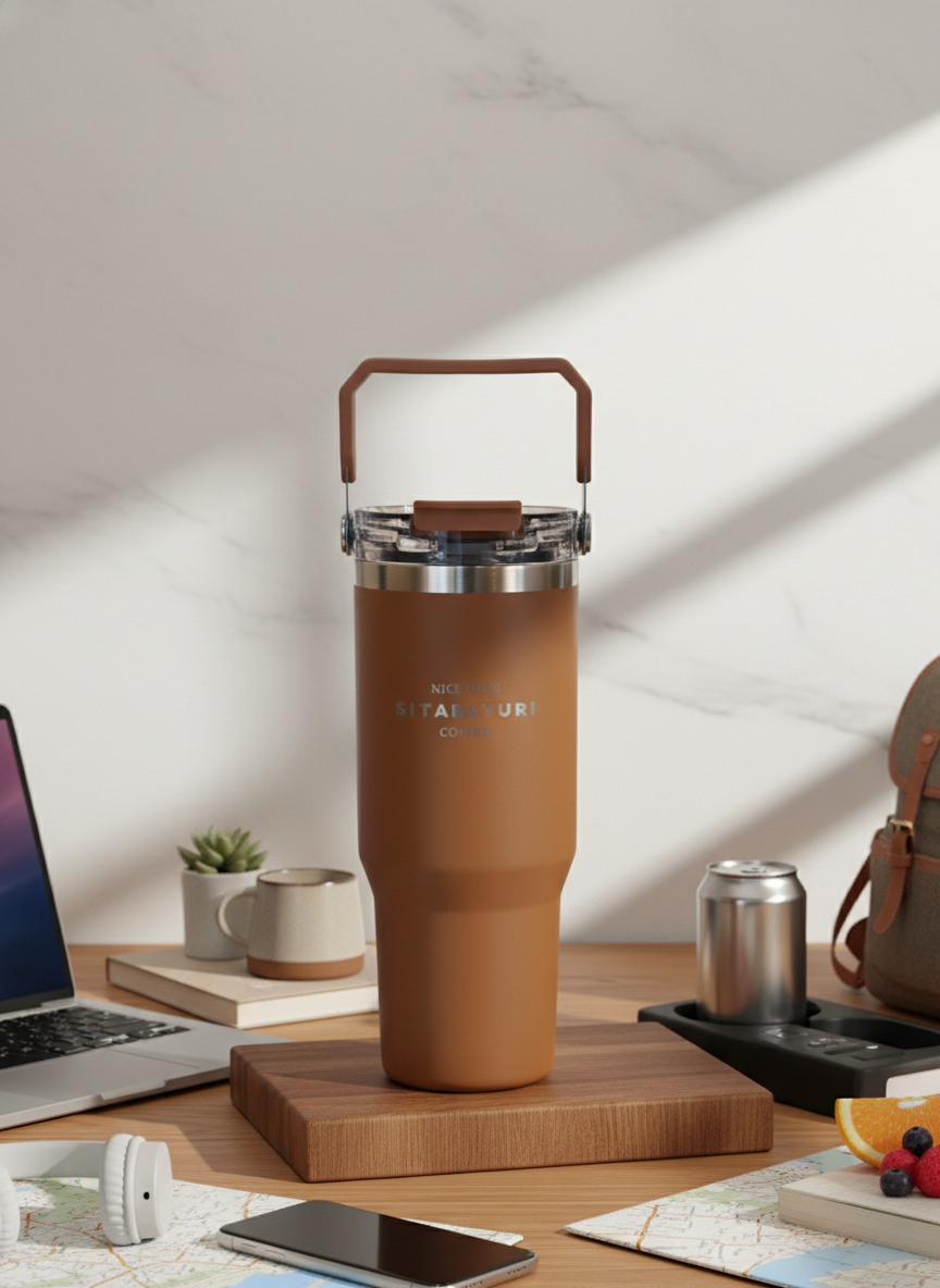 Brown Insulated Travel Tumbler with Flip Lid – Stainless Steel Coffee & Beverage Mug