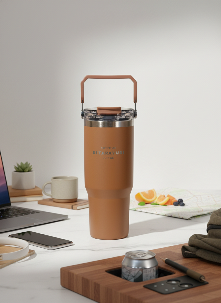 Brown Insulated Travel Tumbler with Flip Lid – Stainless Steel Coffee & Beverage Mug
