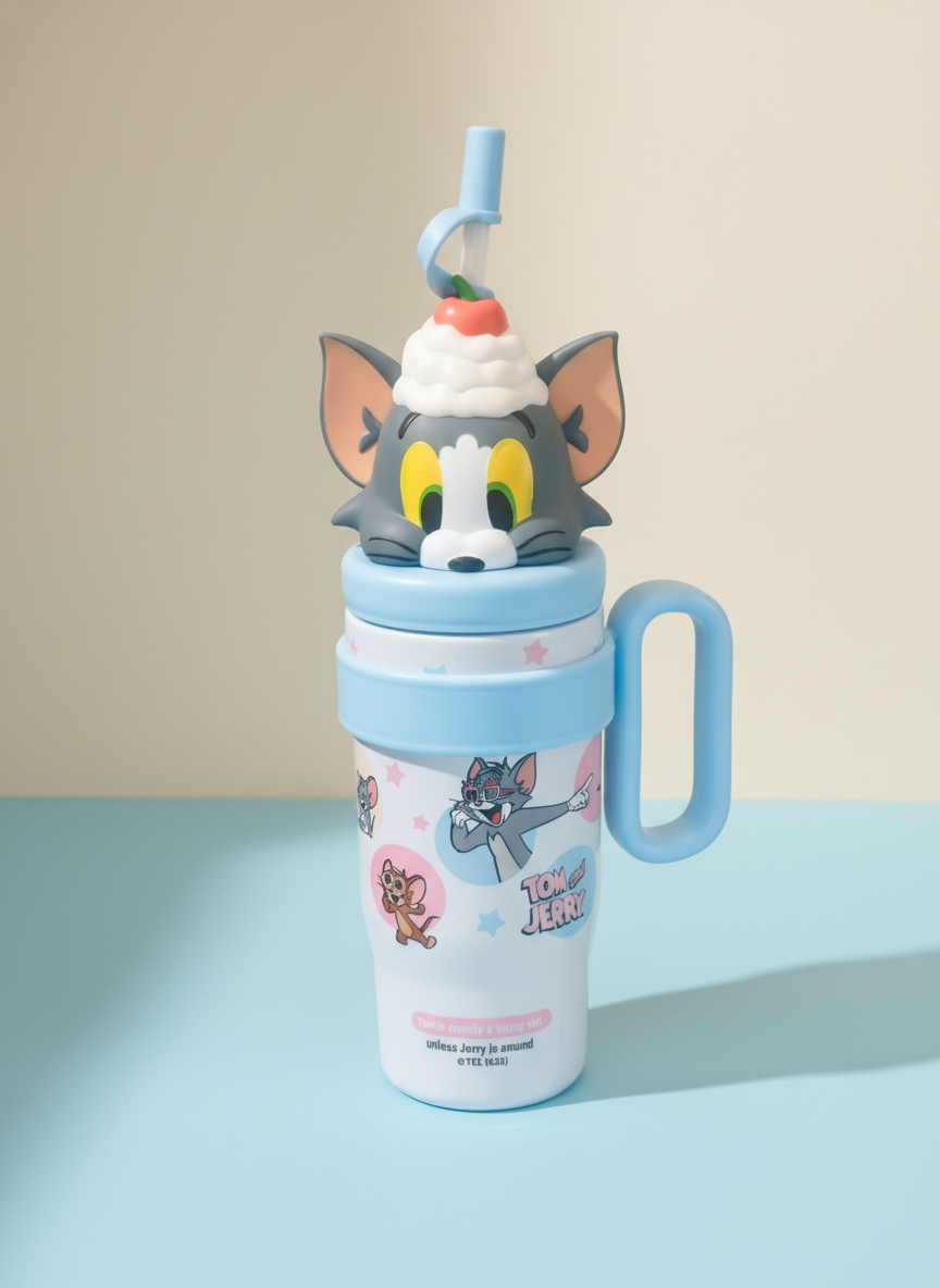 Kids Character TOM Sipper Tumbler with Straw and Handle – Insulated Drinkware Mug