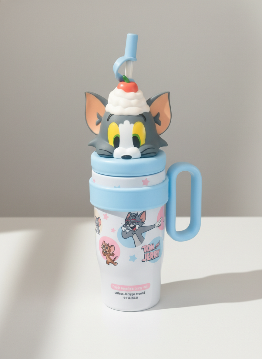 Kids Character TOM Sipper Tumbler with Straw and Handle – Insulated Drinkware Mug