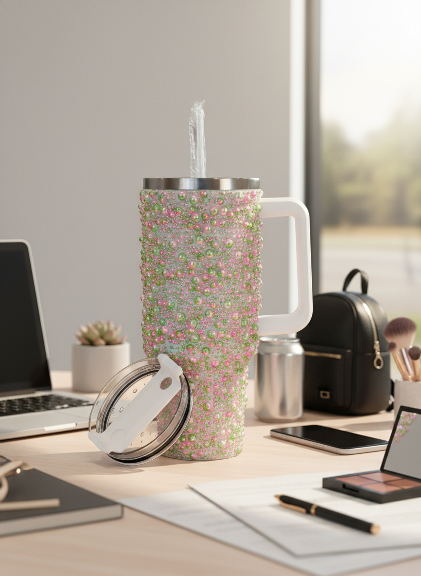 Embellished Pearl Finish Insulated Handle Tumbler with Straw – Quencher H2.0 Style Stainless Steel Travel Mug