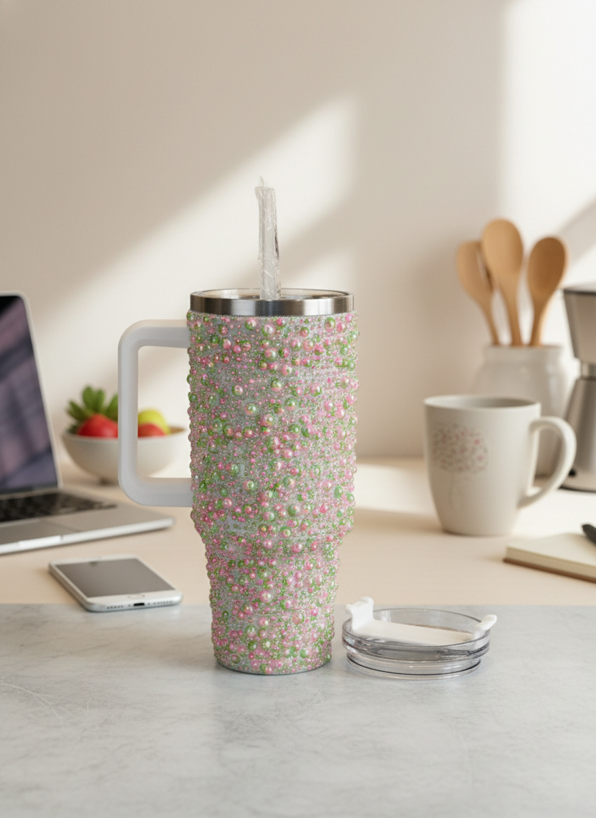 Embellished Pearl Finish Insulated Handle Tumbler with Straw – Quencher H2.0 Style Stainless Steel Travel Mug