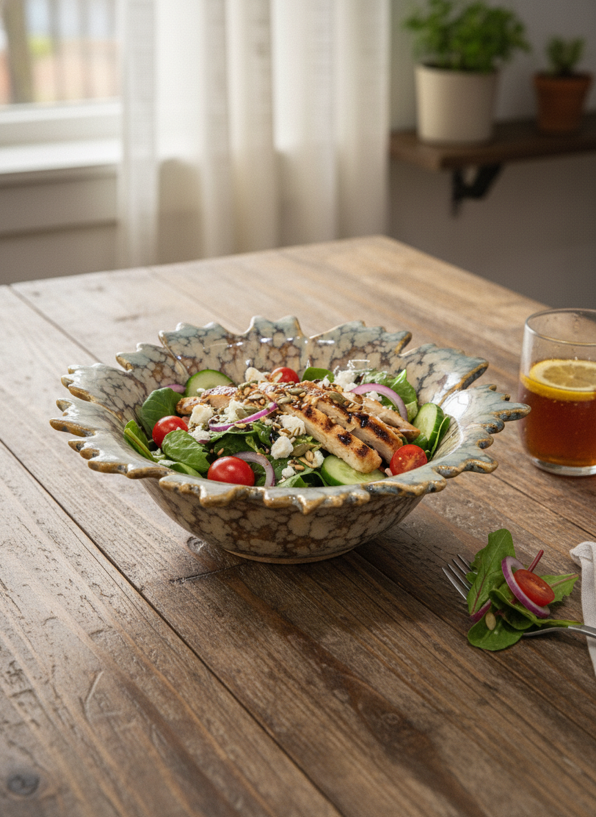 Marbled Earth Ceramic Salad Bowl – Milky White Swirl Finish