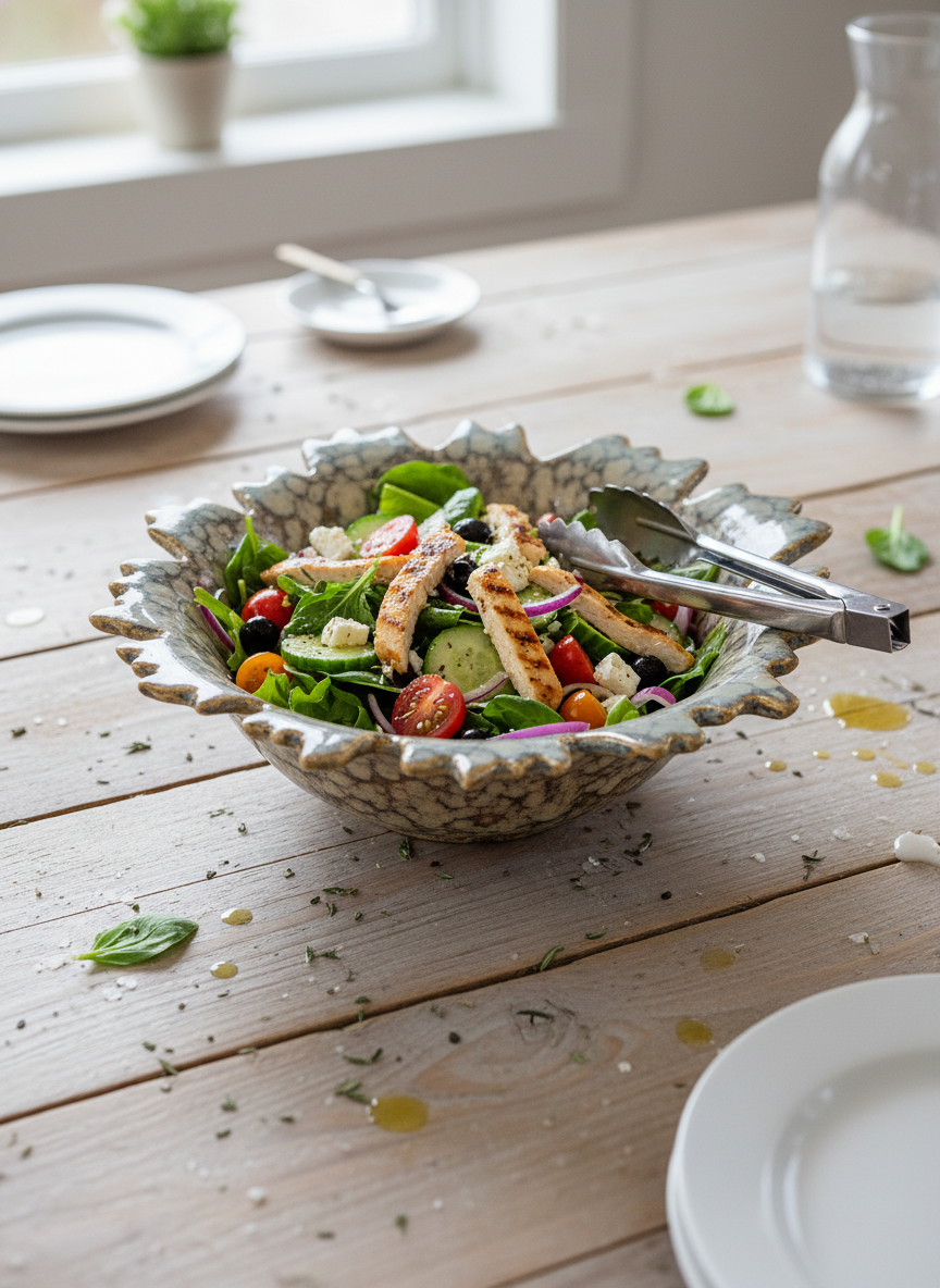 Marbled Earth Ceramic Salad Bowl – Milky White Swirl Finish