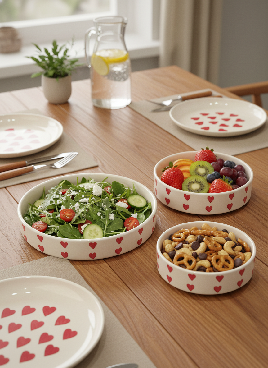 Red Heart Ceramic Salad Serving Bowl Set of 3 – Snack & Fruit Bowls for Dining Table