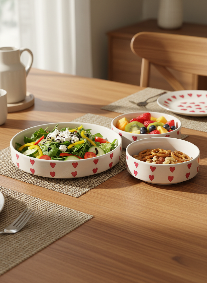 Red Heart Ceramic Salad Serving Bowl Set of 3 – Snack & Fruit Bowls for Dining Table