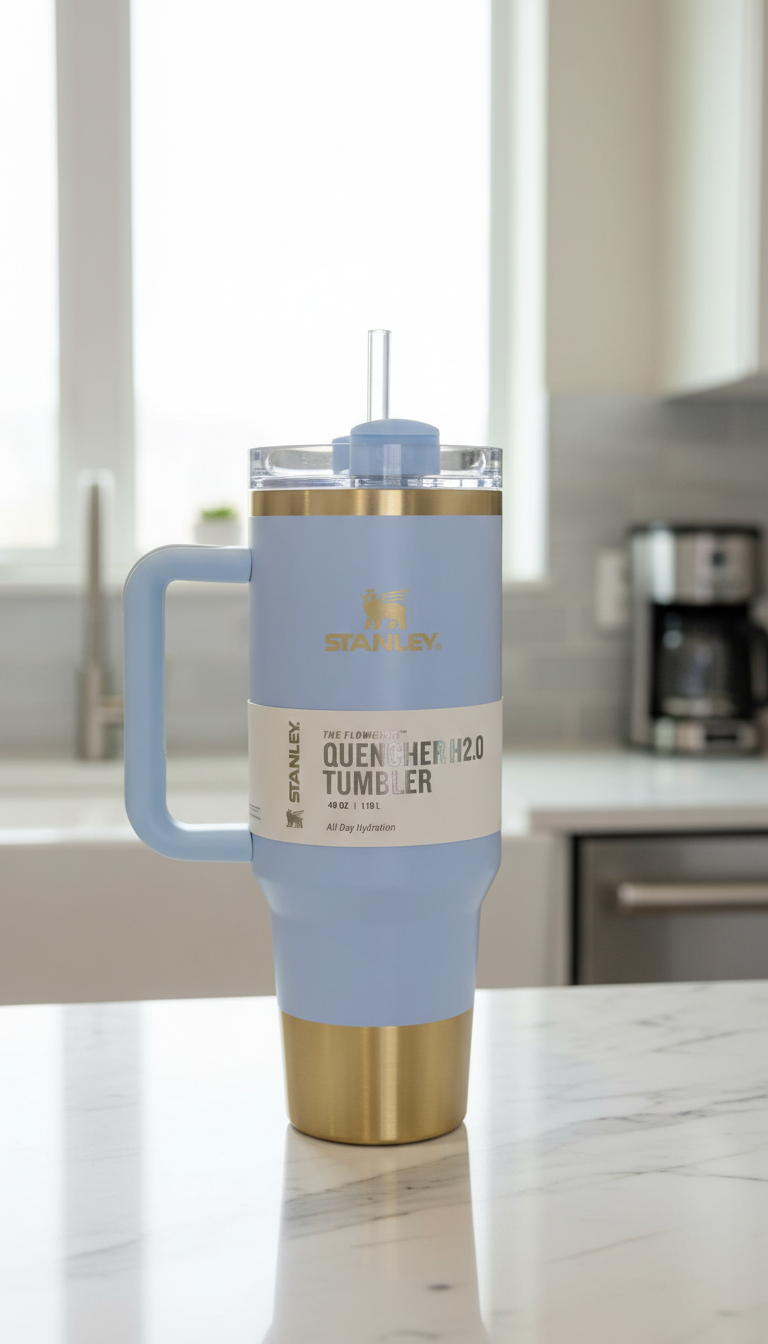 Stanley Blue & Gold Quencher Insulated Tumbler with Handle – 1.18L