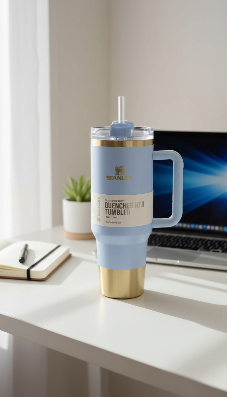 Stanley Blue & Gold Quencher Insulated Tumbler with Handle – 1.18L