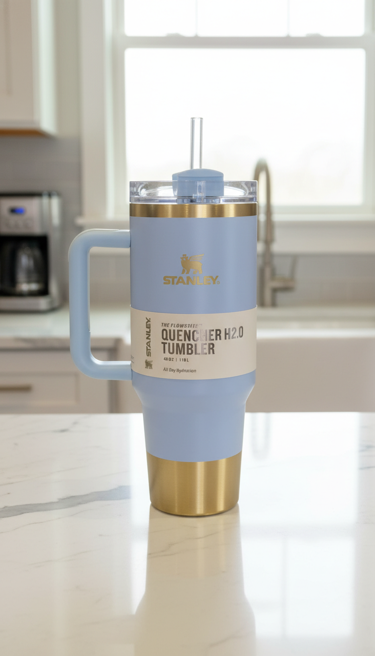 Stanley Blue & Gold Quencher Insulated Tumbler with Handle – 1.18L