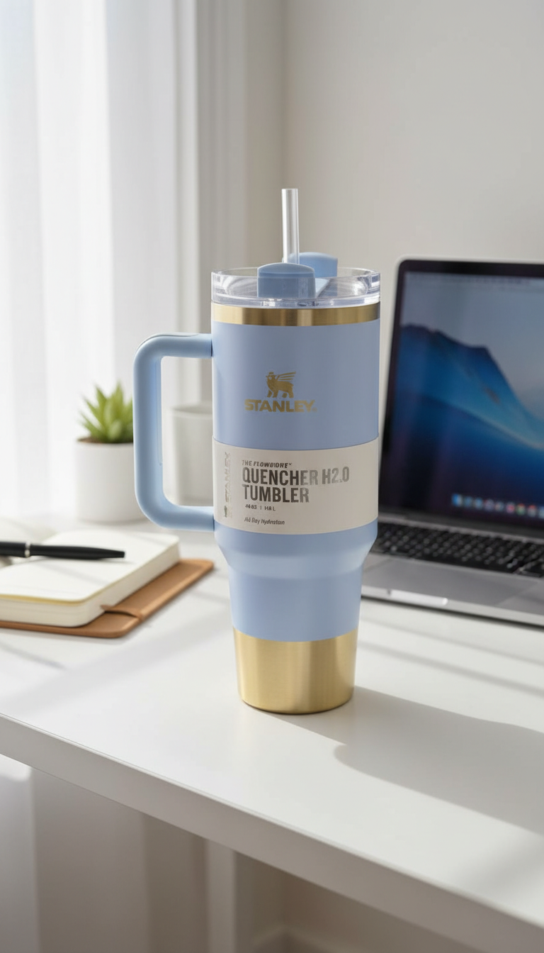 Stanley Blue & Gold Quencher Insulated Tumbler with Handle – 1.18L