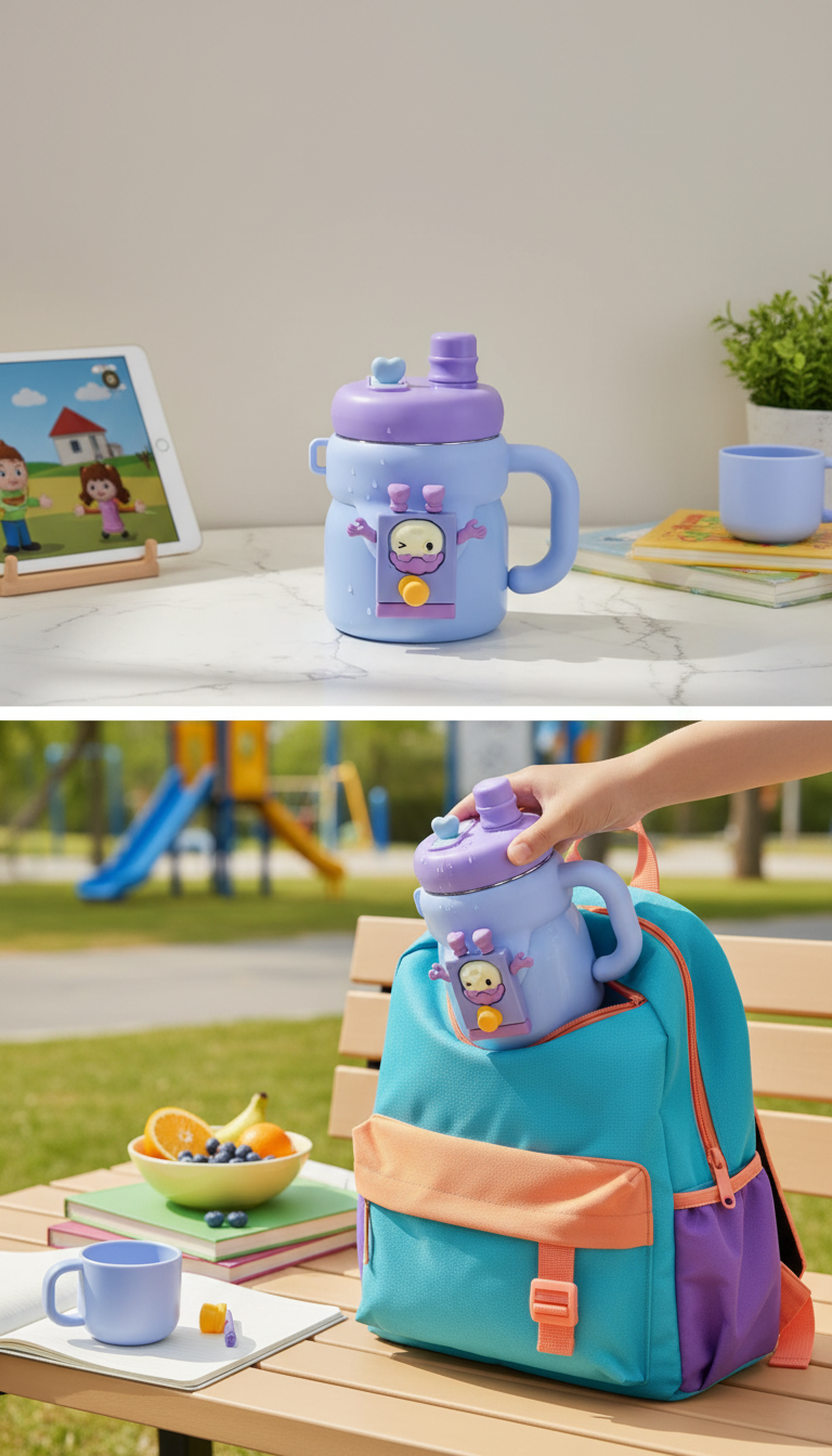 Cartoon Character Kids Sipper Bottle with Handle & Straw Lid – 550ml