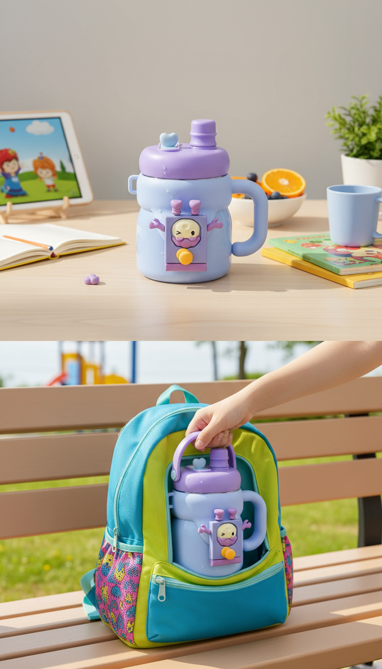 Cartoon Character Kids Sipper Bottle with Handle & Straw Lid – 550ml