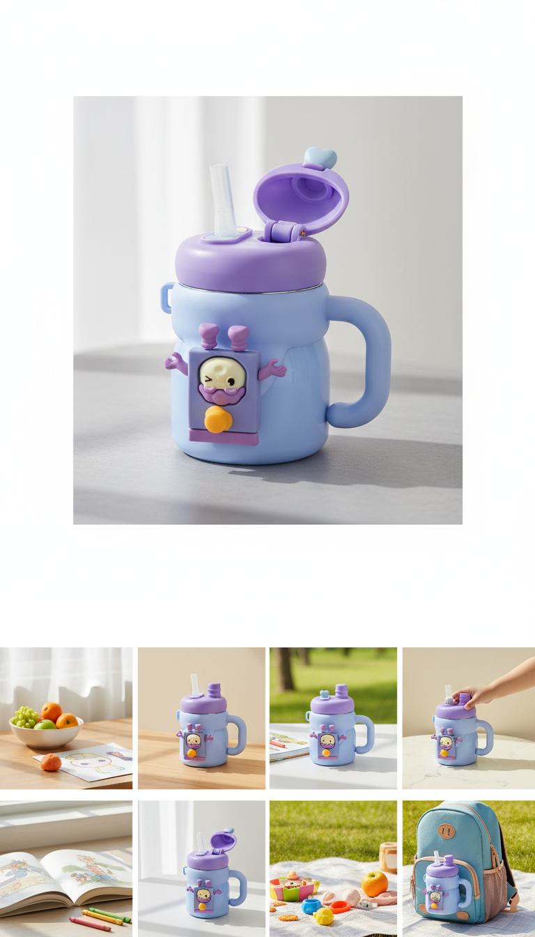 Cartoon Character Kids Sipper Bottle with Handle & Straw Lid – 550ml
