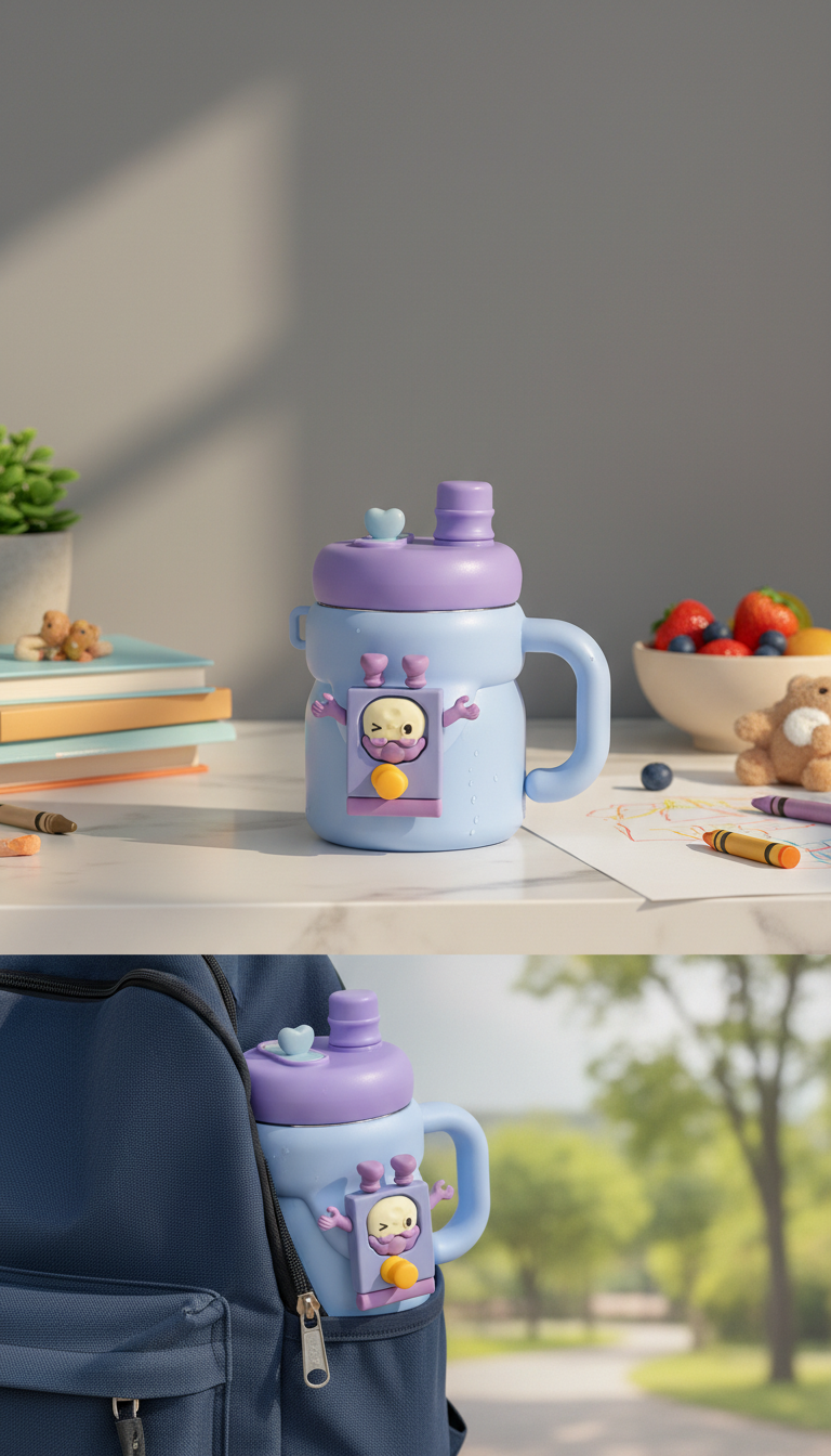 Cartoon Character Kids Sipper Bottle with Handle & Straw Lid – 550ml