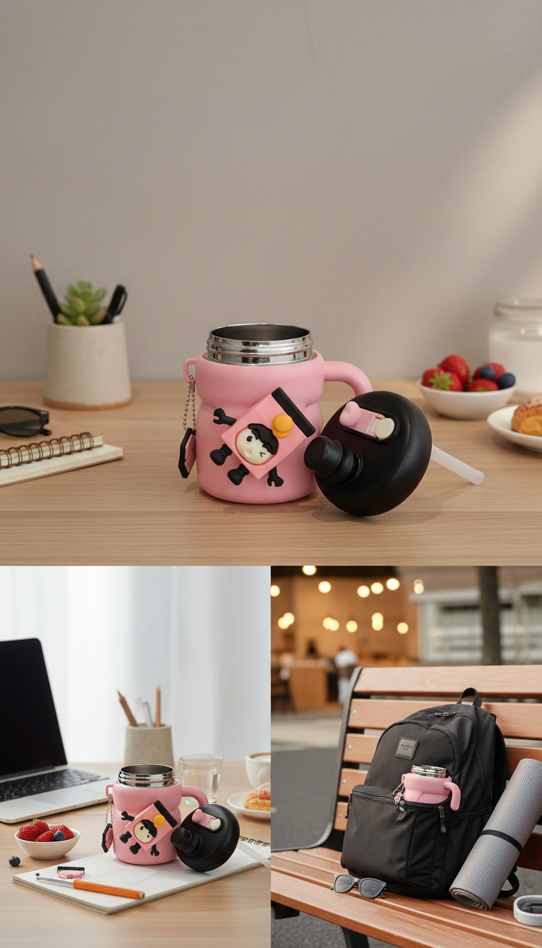 Cartoon Character Kids Sipper Bottle with Handle & Straw Lid – 550ml