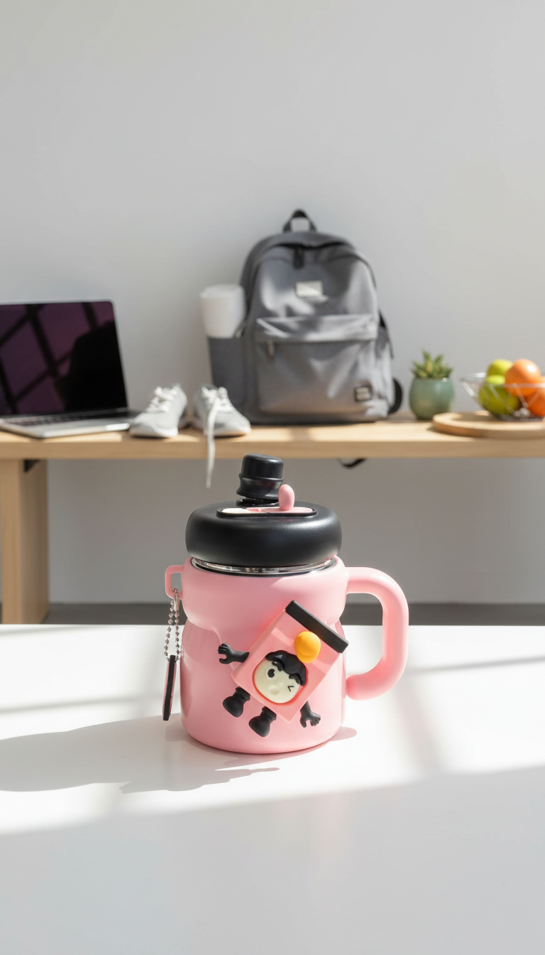 Cartoon Character Kids Sipper Bottle with Handle & Straw Lid – 550ml