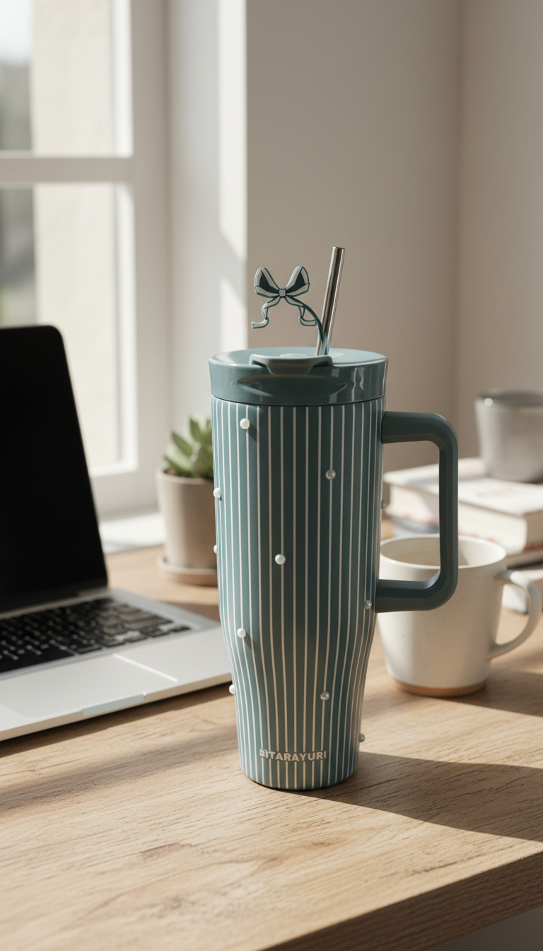 Mint Pearl Insulated Sipper with White Vertical Stripes – 1200ml