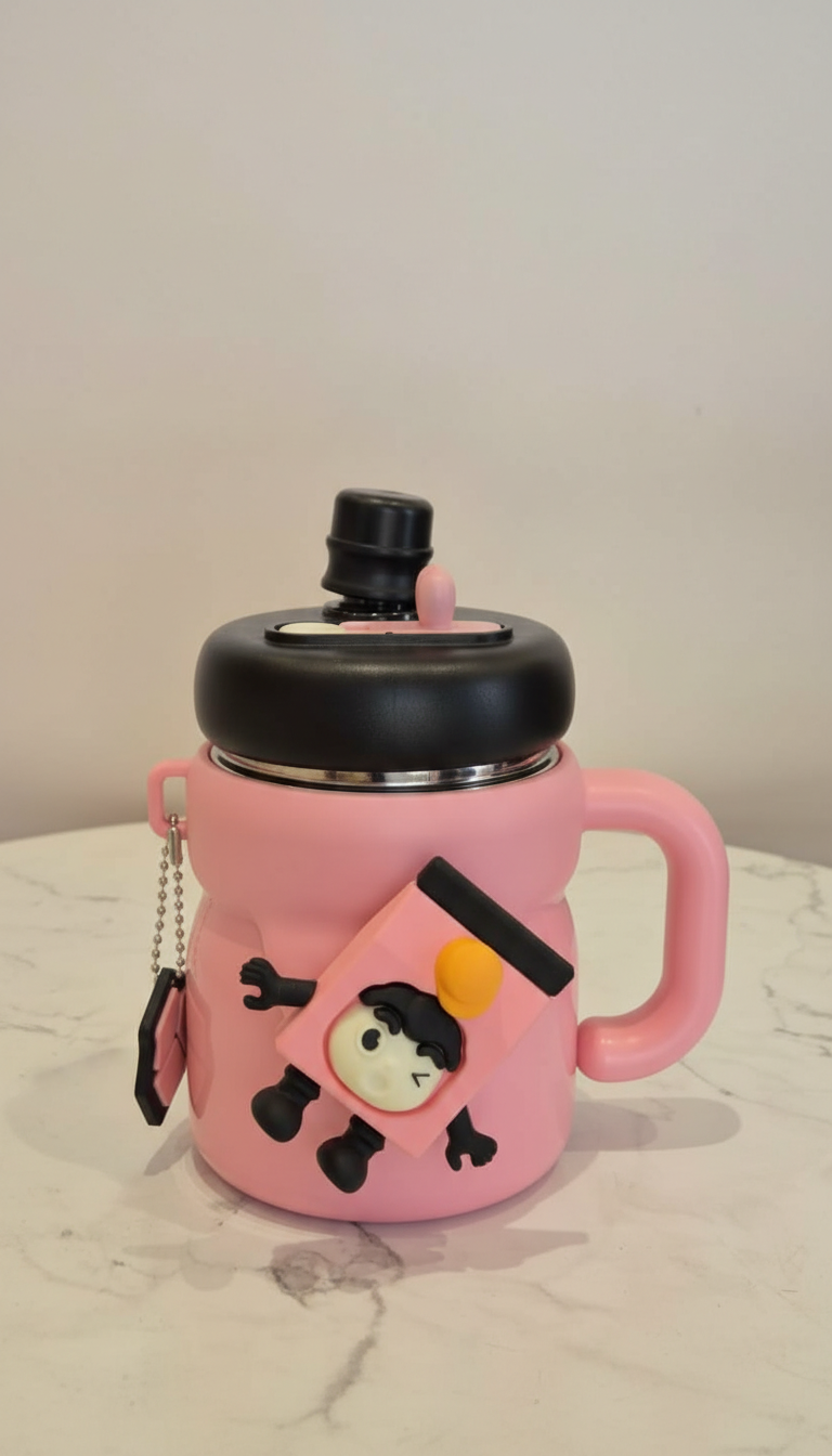 Cartoon Character Kids Sipper Bottle with Handle & Straw Lid – 550ml