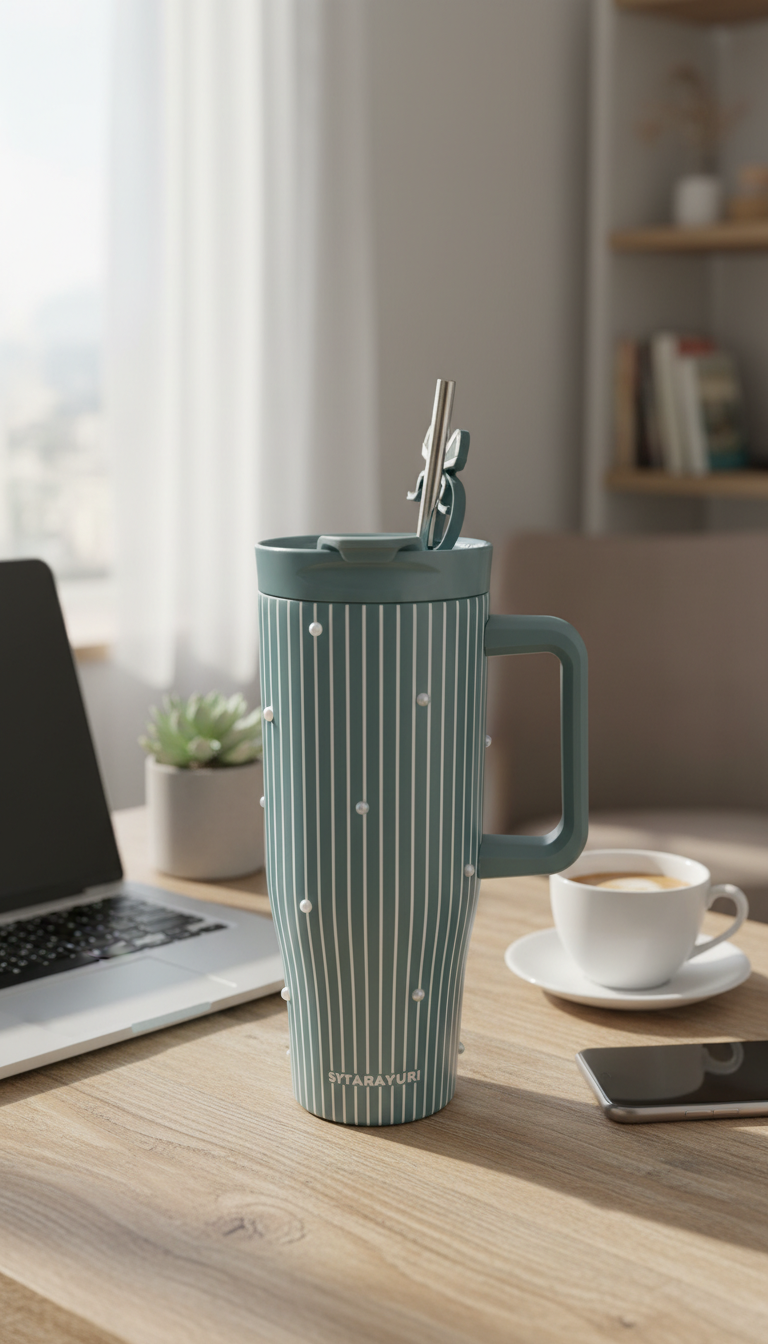 Mint Pearl Insulated Sipper with White Vertical Stripes – 1200ml